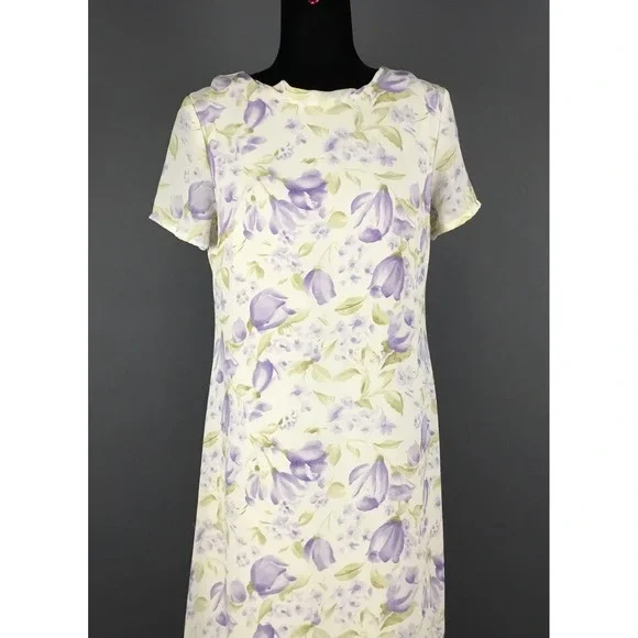 Jennifer Moore Dress Womens 10 Purple Floral Short Sleeve Shift Maxi Lined - Picture 3 of 10